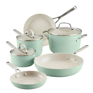 KitchenAid Hard Anodized Ceramic Nonstick Cookware Set 9 Piece - Pistachio - MadeInUSA