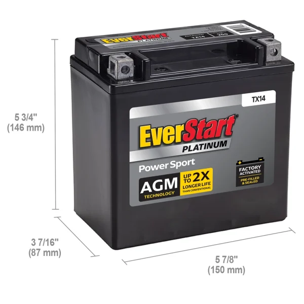 EverStart Premium AGM Power Sport Battery, Group Size TX14 12 Volt, 200 CCA - MadeInUSA - Image 2