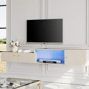 STCVF Floating TV Stand with Charging Station  16 Colors Light Wall Mounted Entertainment Center with   Media Console Center  Modern  Hanging Hutch Component Under TV  70'' - MadeInUSA