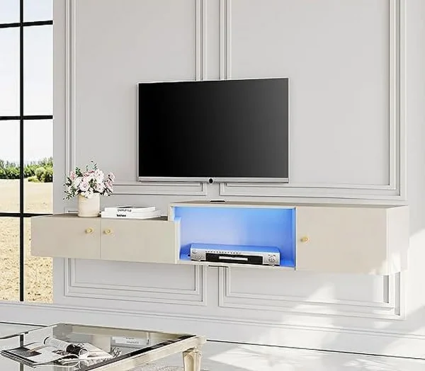 STCVF Floating TV Stand with Charging Station  16 Colors Light Wall Mounted Entertainment Center with   Media Console Center  Modern  Hanging Hutch Component Under TV  70'' - MadeInUSA