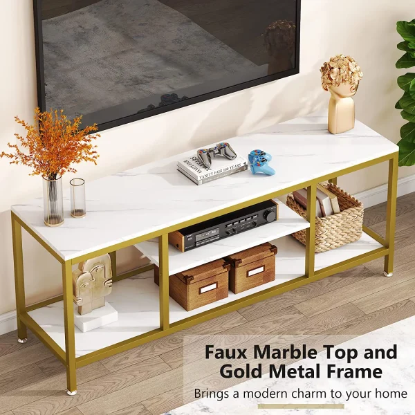 STCVF TV Stand  59 Inches Gold 3-Tier TV Console for TVs Up to 65" with Faux Marble Veneer  Sofa Console Entryway Table for Living Room - MadeInUSA - Image 3