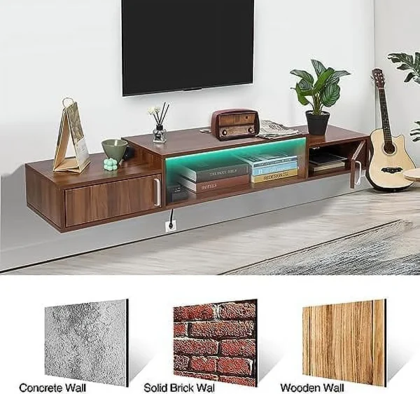 ZWNLKQG Floating TV Stand with Power Outlet  59u201D Wall-Mounted Floating TV  for Under TV  Entertainment Center Modern Media Console with LED Lights for Living Room  Home  Office - MadeInUSA - Image 8