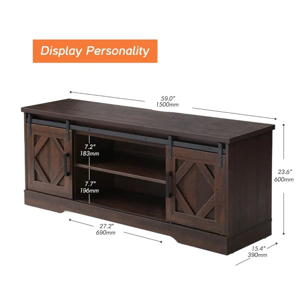 59"Farmhouse TV Stand Modern Sliding Barn Door Entertainment Center for TVs Up to 65 inch, Wood TV Media Console Table Cabinet Storage for Living Room, Rustic Brown - MadeInUSA - Image 5