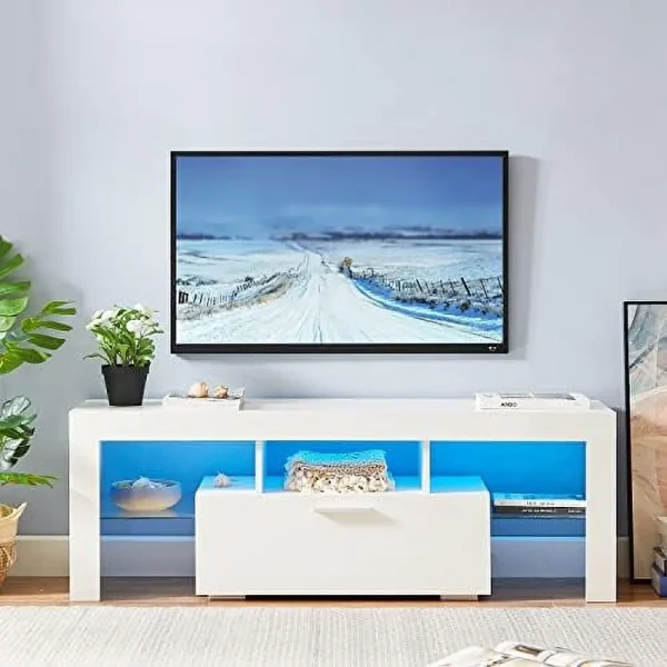 JYHOME TV Stand for 55+ 60 inch Tvs - White Morden TV Stand with LED Lights  High Glossy Entertainment Center with  Cabinet  LED Media Console Table Cabinet Desk for Living Room - MadeInUSA - Image 7