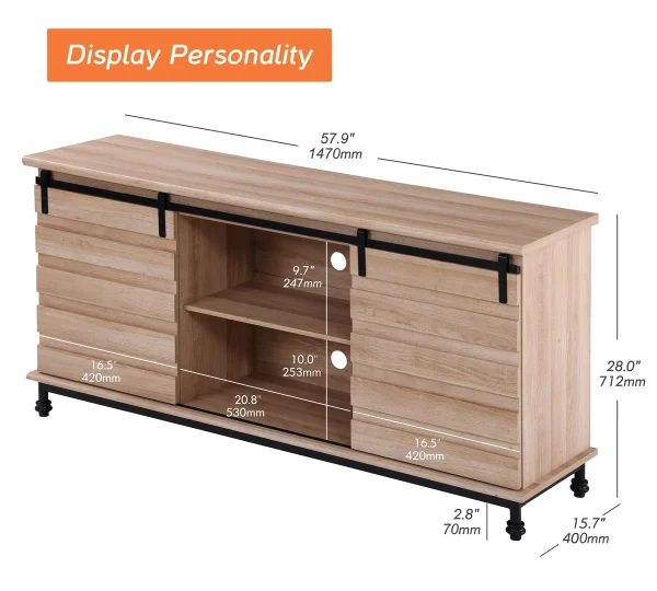 Farmhouse TV Cabinet Entertainment Center for TV's up to 65 inch,Oak - MadeInUSA - Image 6