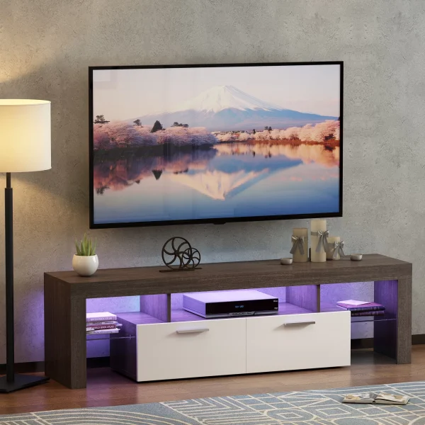 Modern TV Stand for 50 55 65 70 inch TV with 16 Color LED Lights, Brown & White - MadeInUSA