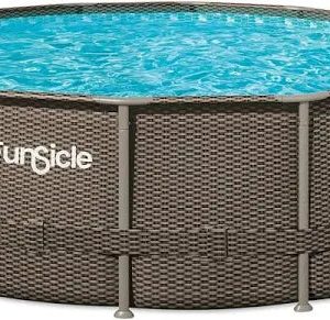 Funsicle 16ft x 48in Round Oasis Designer Above Ground Pool, Dark Double Rattan with SkimmerPlus Filter Pump & Ladder - MadeInUSA