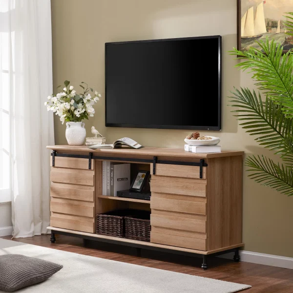 Farmhouse TV Cabinet Entertainment Center for TV's up to 65 inch,Oak - MadeInUSA