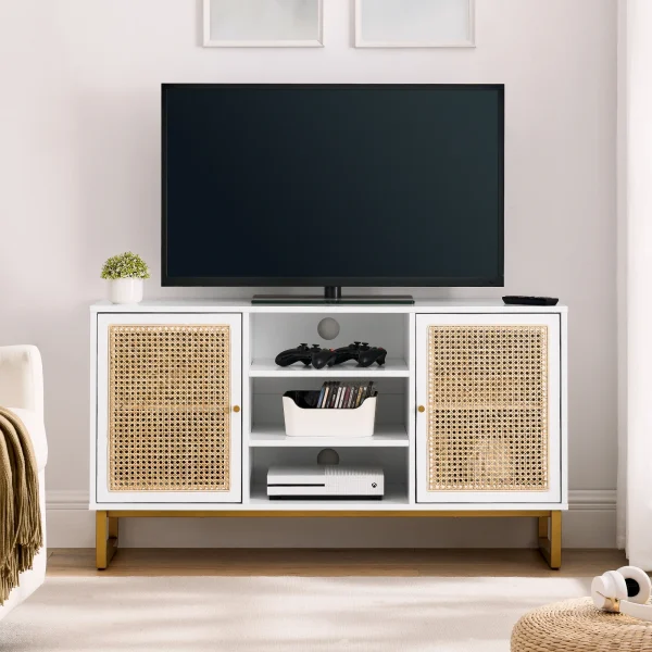 47 Inch Mid Century Modern White TV Stand with Adjustable Shelf, Rattan TV Stands, Entertainment Cabinet, Media Console for Living Room Bedroom Media Room, White Wood Finish & Metal Legs - MadeInUSA - Image 2