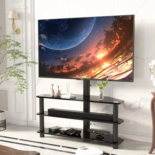 STCVF Swivel Corner Floor TV Stand with Mount for 32 37 43 47 50 55 60 65 inch  Curved Screen TVs  Adjustable 3-Tier Tempered Glass  Television Stand with Cable Management  Max VESA 600X4 - MadeInUSA - Image 2