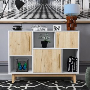 LANTRO JS Multi-purpose storage cabinet with display stand and door, entrance channel, modern buffet or kitchen sideboard, TV cabinet, white and oak - MadeInUSA