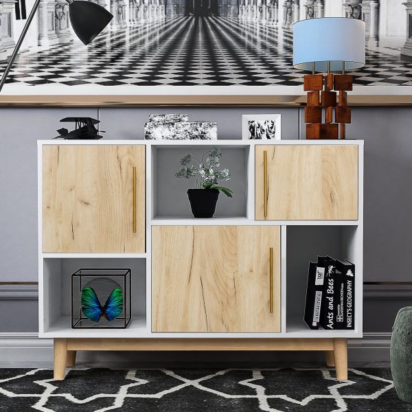 LANTRO JS Multi-purpose storage cabinet with display stand and door, entrance channel, modern buffet or kitchen sideboard, TV cabinet, white and oak - MadeInUSA