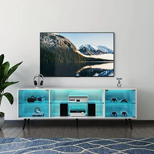 NLTBONNIE 70 Inch LED TV Stand for 75 Inch TV  Modern Entertainment Center with LED Light  High Gloss White TV Console Table with  Cabinets and Open Shelves for Living Room  Bedroom - MadeInUSA - Image 6