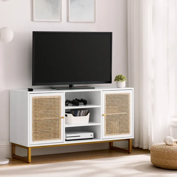 47 Inch Mid Century Modern White TV Stand with Adjustable Shelf, Rattan TV Stands, Entertainment Cabinet, Media Console for Living Room Bedroom Media Room, White Wood Finish & Metal Legs - MadeInUSA - Image 3