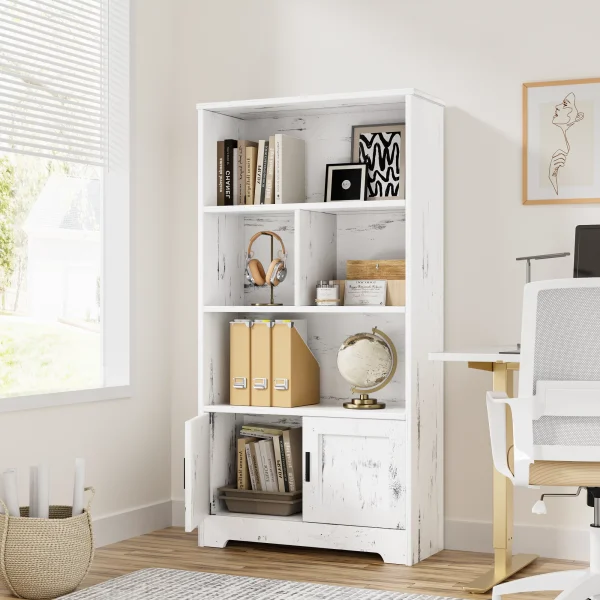 Homhougo—Wood Bookcase with Doors White Bookshelf with LED Lights Modern Storage Rack 3 Shelf Standing Bookshelves Large Display Shelf Unique Book Shelf for Bedroom, Living Room, Home Office - MadeInUSA - Image 3