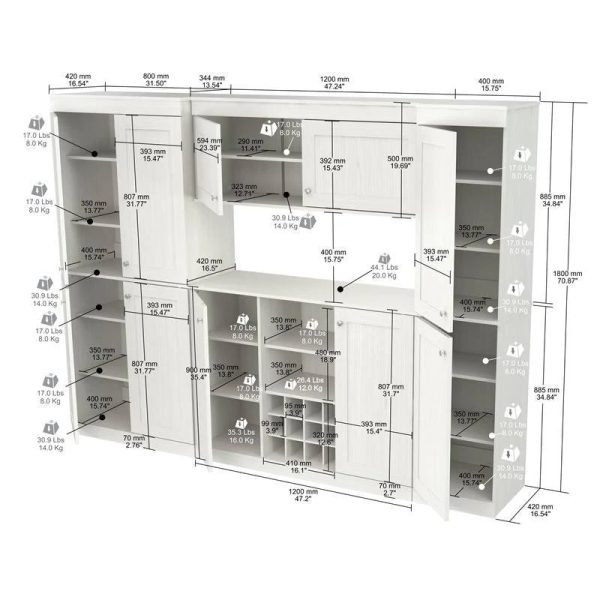 Inval Shaker-Style 4-Piece 95"W Buffet Storage Cabinet System, Washed Oak - MadeInUSA - Image 11