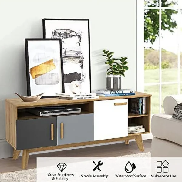 TJBOLIFE Modern TV Stand  Wood TV Console Table for TVs up to 65 Inch  Entertainment Center with 3  Cabinets &amp; 3 Open Shelves  Media Console TV Cabinet for Living Room Bedroom (Natura - MadeInUSA - Image 8