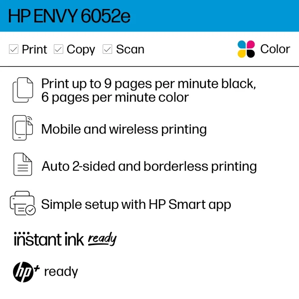 HP ENVY 6052e All-in-One Wireless Color Inkjet Photo Printer with 3 Months Instant Ink Incl with HP+ - MadeInUSA - Image 2