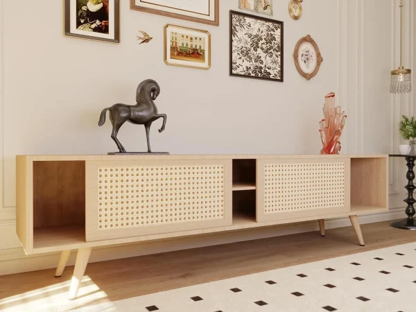 ZWNLKQG TV Stand  Modern Farmhouse Entertainment Center with   Rattan TV Console Sliding Door for   TV Console Table  Media Console Solid Wood Legs  Modern Table for Living Room - MadeInUSA - Image 6