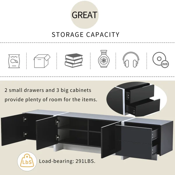 EUROCO Mid-Century Modern TV Stand Up to 80"Contemporary Rectangle ,Unique Style TV Console Table with Cabinet&High Gloss UV Surface for Living Room Bedroom - MadeInUSA - Image 5