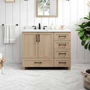 Glacier Bay Tobana 42 in. W x 19 in. D x 34.5 in. H Bath Vanity in Weathered Tan with White Cultured Marble Top - MadeInUSA
