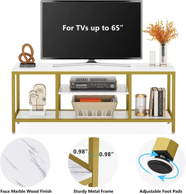 STCVF TV Stand  59 Inches Gold 3-Tier TV Console for TVs Up to 65" with Faux Marble Veneer  Sofa Console Entryway Table for Living Room - MadeInUSA - Image 2