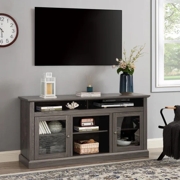 Contemporary TV Media Stand Modern Entertainment Console for TV Up to 65"with Open and Closed Storage Space, Dark Walnut/Black, 60"W*15.75"D*29"H - MadeInUSA - Image 3