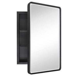 TEHOME Farmhouse 16 in. W x 24 in. H Recessed Rectangular Metal Framed Bathroom Medicine Cabinets with Mirror in Matt Black - MadeInUSA