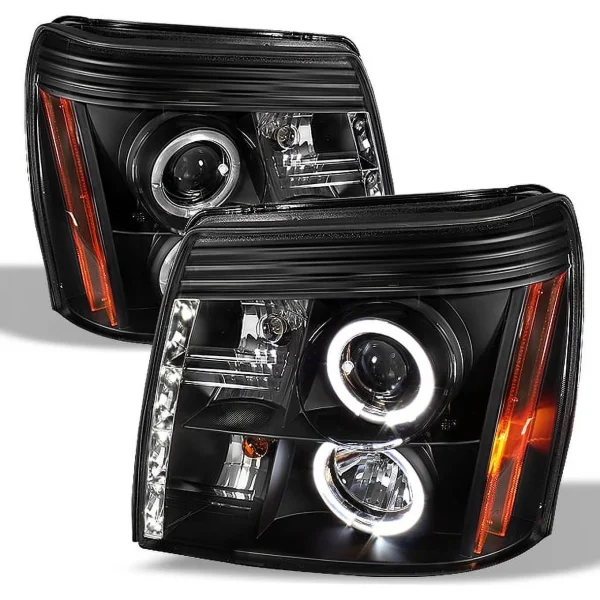 AKKON - For 02-06 Cadillac Escalade Black Bezel Halo Ring DRL Daylight LED Strip Halogen Type Projector Headlights - MadeInUSA