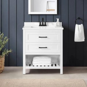 Home Decorators Collection Autumn 30 in. W x 19 in. D x 34 in. H Single Sink Bath Vanity in White with White Engineered Stone Top - MadeInUSA
