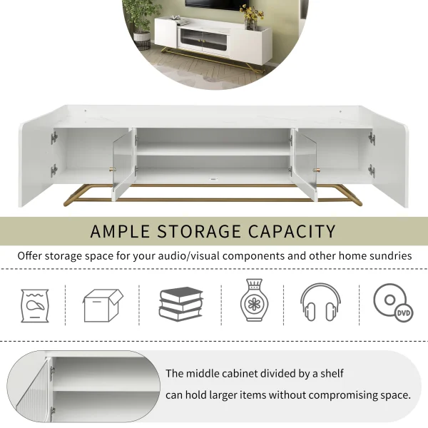 Sleek Design TV Stand with Fluted Glass, Contemporary Entertainment Center for TVs Up to 65", Faux Marble Top TV Console Table with Gold Frame Base, White - MadeInUSA - Image 2