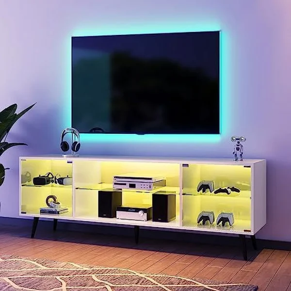 NLTBONNIE 70 Inch LED TV Stand for 75 Inch TV  Modern Entertainment Center with LED Light  High Gloss White TV Console Table with  Cabinets and Open Shelves for Living Room  Bedroom - MadeInUSA - Image 8