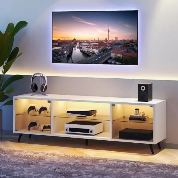 NLTBONNIE 70 Inch LED TV Stand for 75 Inch TV  Modern Entertainment Center with LED Light  High Gloss White TV Console Table with  Cabinets and Open Shelves for Living Room  Bedroom - MadeInUSA - Image 7