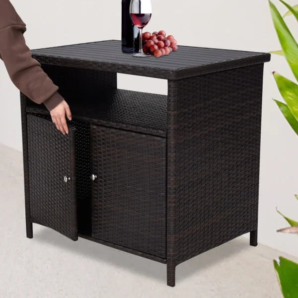 Kinbor Outdoor Wicker Storage Cabinet, Patio Bar Tables with Two Doors & Shelves, Weatherproof Storage Console Table for Patio Pool Garden Kitchen, Dark Brown - MadeInUSA - Image 7