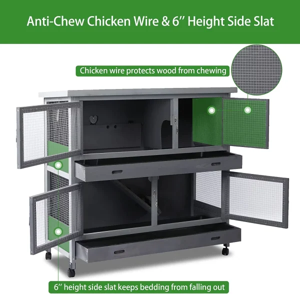 Rabbit Hutch Indoor&Outdoor with Wheels/2.6 Deep Plastic Trays/Ramp/Divider, Large Cages for Guinea Pigs/Bunnies with 2 Floors Separable&4 Lockable Doors, Weatherproof, Grey, 41.3 L*17.3 W*41.3 H - MadeInUSA - Image 5