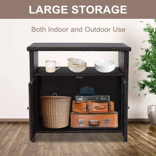 Kinbor Outdoor Wicker Storage Cabinet, Patio Bar Tables with Two Doors & Shelves, Weatherproof Storage Console Table for Patio Pool Garden Kitchen, Dark Brown - MadeInUSA - Image 5