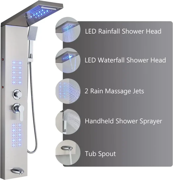 Zovajonia LED Shower Panel Tower System, 6-Functions Stainless Steel Shower Tower Waterfall ShowerheadShower Jets, Rain Shower System Brushed Nickel - MadeInUSA - Image 2