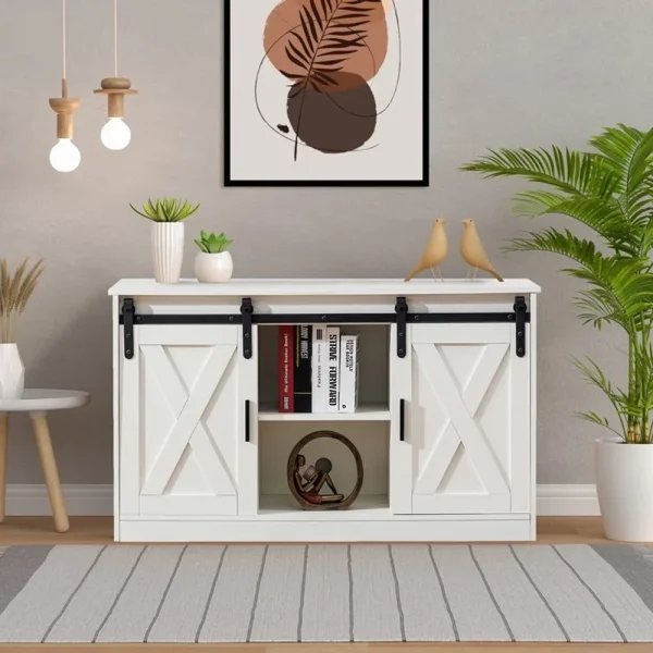 Wooden TV Stand, Entertainment Center Storage Cabinet with Two Sliding Barn Doors - MadeInUSA