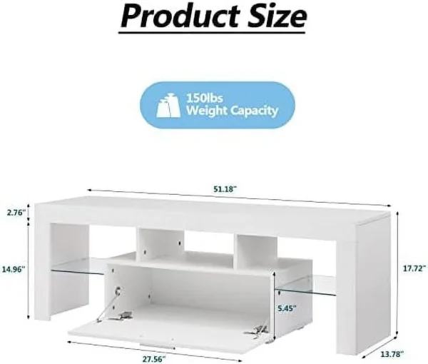 JYHOME TV Stand for 55+ 60 inch Tvs - White Morden TV Stand with LED Lights  High Glossy Entertainment Center with  Cabinet  LED Media Console Table Cabinet Desk for Living Room - MadeInUSA - Image 6