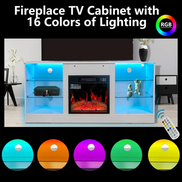 TV Stand With 18 Inch Electric Fireplace Heater,Modern Entertainment Center for TVs Up to 62 Inch With Adjustable Glass Shelves and Storage Cabinets ( White ) - MadeInUSA - Image 2