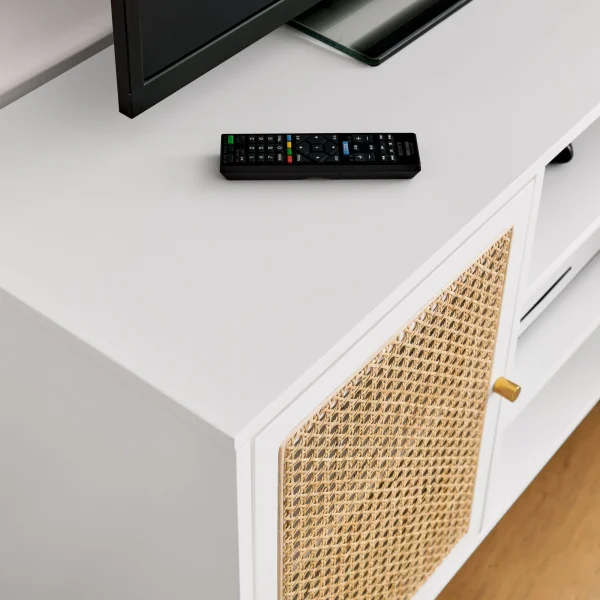 47 Inch Mid Century Modern White TV Stand with Adjustable Shelf, Rattan TV Stands, Entertainment Cabinet, Media Console for Living Room Bedroom Media Room, White Wood Finish & Metal Legs - MadeInUSA - Image 7