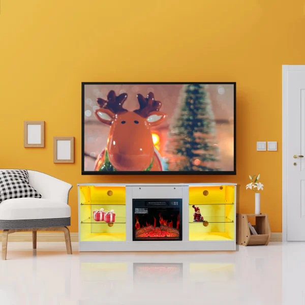 TV Stand With 18 Inch Electric Fireplace Heater,Modern Entertainment Center for TVs Up to 62 Inch With Adjustable Glass Shelves and Storage Cabinets ( White ) - MadeInUSA - Image 4