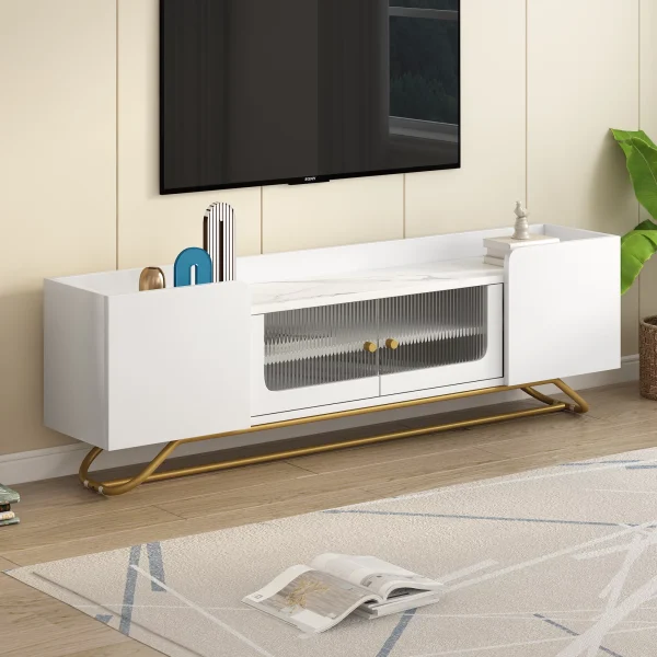 Sleek Design TV Stand with Fluted Glass, Contemporary Entertainment Center for TVs Up to 65", Faux Marble Top TV Console Table with Gold Frame Base, White - MadeInUSA