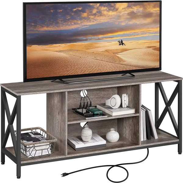 TV Stand for 65 Inch TV, Media Entertainment Center with Power Outlet for Living Room, Industrial TV Console with Side Shelves for PS Storage, Taupe Wood - MadeInUSA - Image 2