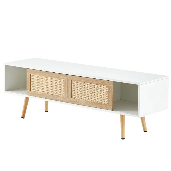 55.12"Rattan TV cabinet, double sliding doors for storage, adjustable shelf, solid wood legs, TV console for living room , White - MadeInUSA - Image 5