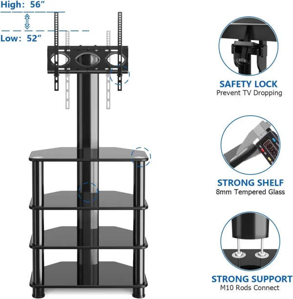 TJBOLIFE Swivel TV Stand with Mount for 32"-70" Flat Screen  Slim Corner Entertainment Floor TV Mount with 4-Tier Tempered Glass Media Shelves  Height Adjustable and Cable Managem - MadeInUSA - Image 4
