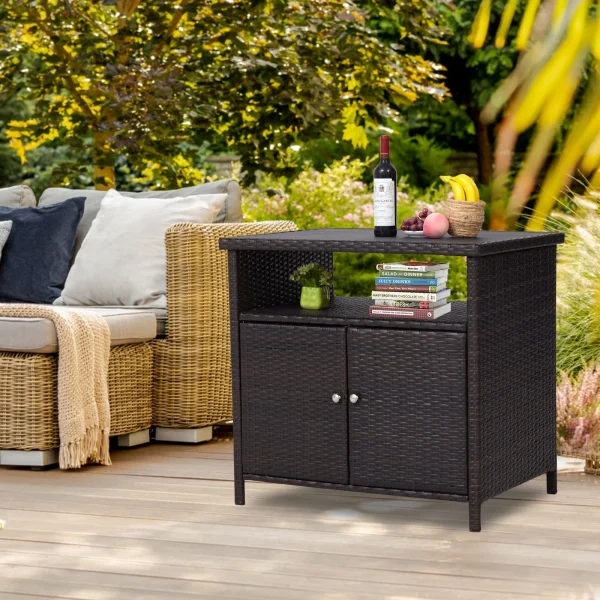 Kinbor Outdoor Wicker Storage Cabinet, Patio Bar Tables with Two Doors & Shelves, Weatherproof Storage Console Table for Patio Pool Garden Kitchen, Dark Brown - MadeInUSA - Image 2