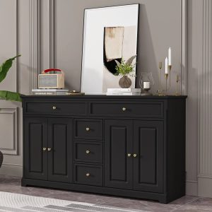 59.1''Sideboard Buffet White Mid-Century Modern Contemporary Lacquered - Black - MadeInUSA