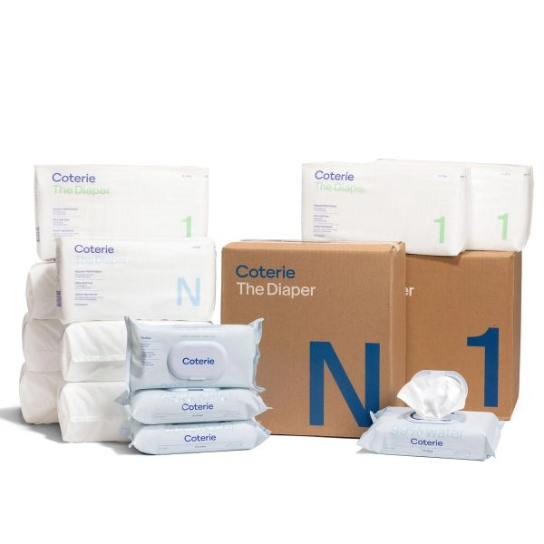 Coterie Baby Diapers + Wipes Baby Kit, Size 1 (198 Count) Size Newborn (93 Count) 4 Wipe Packs (224 Wipes) Made with Plant-Based fibers, - MadeInUSA