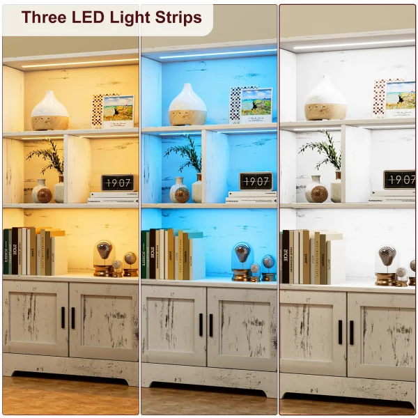 Homhougo—Wood Bookcase with Doors White Bookshelf with LED Lights Modern Storage Rack 3 Shelf Standing Bookshelves Large Display Shelf Unique Book Shelf for Bedroom, Living Room, Home Office - MadeInUSA - Image 5